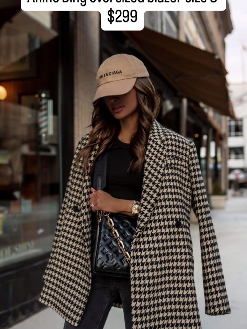 Anine Bing Black & Beige Houndstooth Oversized Blazer Coat